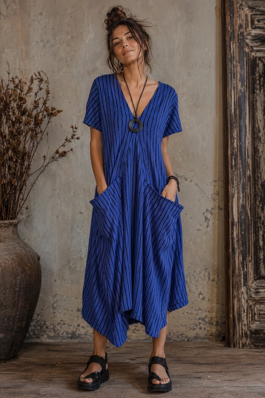 M x Matthildur Blue Striped Lagenlook Dress M Asymmetrical Pockets Artsy Boho